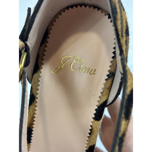J Crew Animal Print Wedges Brown Black Tan Fur Size 8 Leopard Ankle Strap Buckle - Picture 6 of 10
